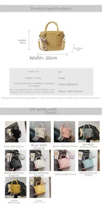 Detailed spec sheet showing PU leather bucket bag dimensions and pearl charm options