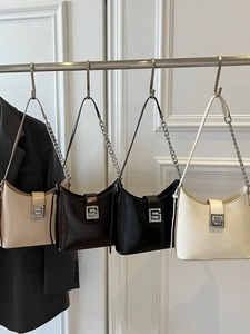 Chic faux leather shoulder bags in four colors with geometric metal buckles and chain straps