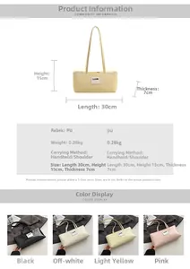 Detailed size chart and multi-color options for minimalist faux leather shoulder bag
