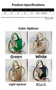 Detailed size chart and multi-color options for the mini PU bucket bag with silk scarf