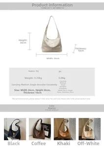 Size chart and specifications for the PU leather tote bag with dimensions 36x36x10 cm