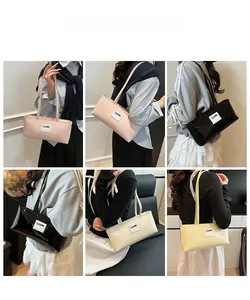 Collage of chic rectangular underarm bags in pink, black, beige and yellow finishes