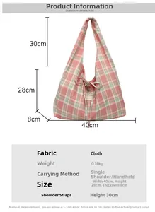 Guide des dimensions du sac cabas en toile à carreaux roses avec nœud brodé élégant