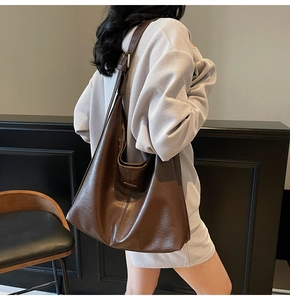 Deep brown large Hobo tote bag with soft PU leather texture and wide shoulder strap