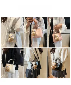 Collage of model carrying versatile faux leather bucket bags in silver, pink, black and white