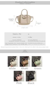 Detailed view showing bag dimensions and various colors of the lychee textured bucket bag