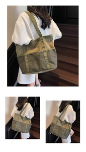 Detalle del bolso tote de nailon verde militar con bolsillo de malla y cierre de presión