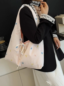 Sac à Épaule Plaid Frais et Doux pour Femmes Sac Cabas en Toile Avec Broderie Nœud Sac Hobo Décontracté Usage Quotidien