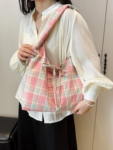 Sac à épaule en toile à carreaux avec broderie et nœud réglable pour femmes