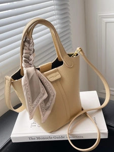 Women Fashion Litchi Grain PU Leather Bucket Bag With Silk Scarf Handle Small Cell Phone Crossbody Handbag Versatile Tote