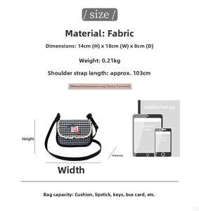 Detailed size guide for plaid canvas crossbody bag showing dimensions and capacity