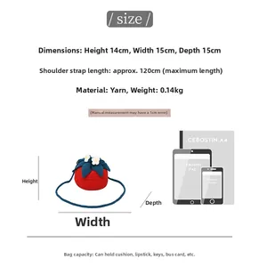 Size specifications for the strawberry-shaped handmade knit bag with dimensions and capacity
