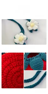 Close-up of handmade crochet tomato bag with floral charms and knitted textures