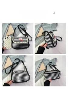 Four views of a gingham crossbody bag with lace trim and cute strawberry bunny patches