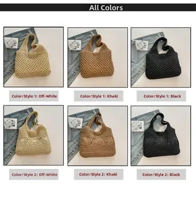 Detail view of woven beach tote bags in solid and floral hollow patterns in various colors