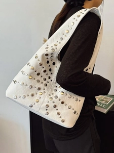 White faux leather hobo shoulder bag with silver studs decoration in large tote style