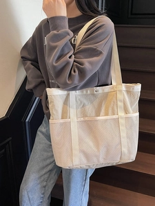 Bolso Tote de Lona para Mujer de Gran Capacidad con Patchwork de Malla Multibolsillo Bolso de Hombro para Viaje Compras Almacenamiento Diario Vacaciones