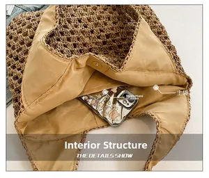 Detail of woven beach bag interior featuring a main compartment and phone pocket