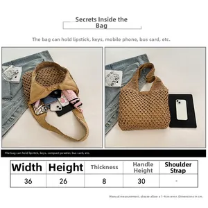 Size chart and capacity detail of straw woven beach bag with detailed dimensions
