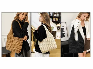 Detailed knit texture of straw shoulder bags in khaki, beige, and black colors