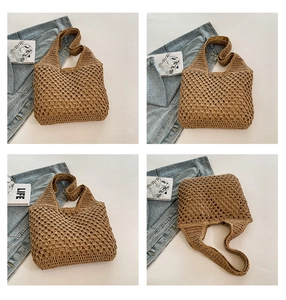 Close-up detail of dark khaki crochet woven tote bag with hollow knit texture and inner lining