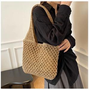 Detail shot of the handwoven hollow mesh pattern and premium fiber texture on beach bag