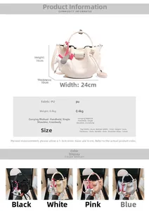 Detail view of crocodile pattern bucket bag with dimensions and horse charm accessory