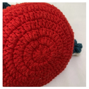 Close-up of the red knitted tomato bag showing detailed handmade crochet texture