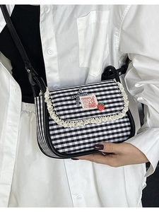 Women Sweet Plaid Canvas Small Square Bag With Lace Bow Strawberry Decor Versatile Crossbody Messenger Bag For Daily Dating