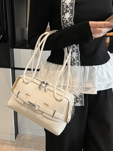 Chic cream white rectangular underarm bag with metal twist lock and dual shoulder straps