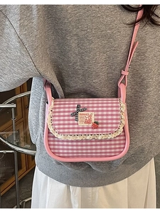 Pink plaid canvas crossbody bag with white lace trim and cute strawberry patch