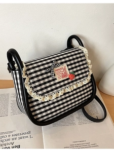 Japanese style black and white checkered canvas crossbody bag with lace and strawberry