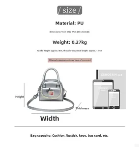 Size comparison and specifications of the silver PU mini bag with lace bow details