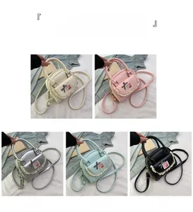 Collage of shell-shaped crossbody bags in five colors with lace and bow details