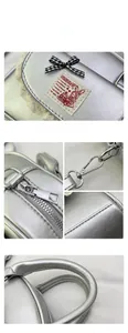 Close-up of silver PU leather texture with lace edges and a checkered bow detail