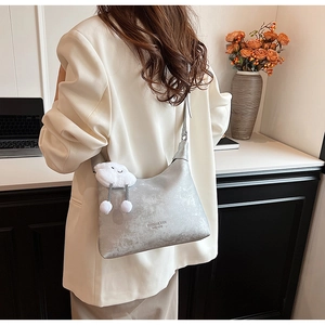 Chic silver grey PU leather shoulder bag with a cute white cloud plush pendant detail