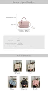 Detailed chart showing contrast color handbag dimensions 21x15x7.5cm and strap drop