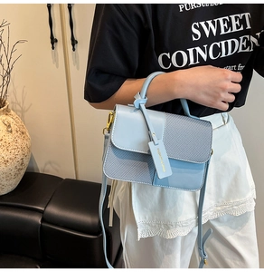 Detail of light blue PU leather handbag with striped panel and gold twist lock closure