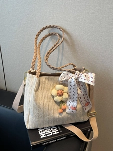 Borsa Tote in Paglia Intrecciata di Grande Capacità per Donna Estate Spiaggia Vacanza Borsa a Tracolla Con Foulard e Fiore