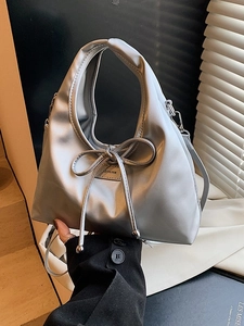 Women Fashion PU Leather Bow Bucket Crossbody Bag Versatile Glossy Handbag With Adjustable Strap Hobo Shoulder Bag For Daily Date