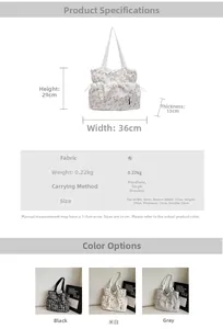 Detailed size guide for floral canvas tote bag showing dimensions and colors