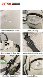 Detailed views of water-resistant nylon fabric, brand logo, and smooth zipper on beige bag