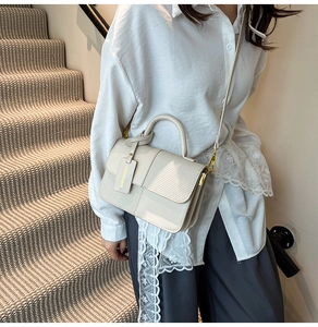 Detail of cream crossbody bag featuring snake texture stitching and fashion tag accessory