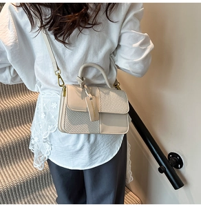 Detail showing contrast beige leather and woven texture with gold hardware on crossbody bag