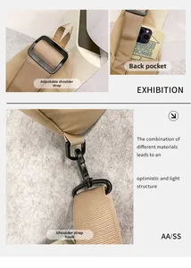Détails de la sangle réglable, de la boucle et de la poche zippée arrière du sac beige