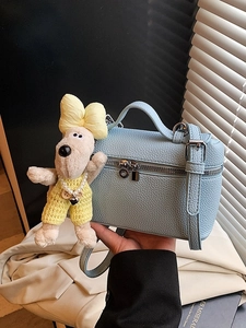 Women Lychee Pattern PU Leather Handheld Box Bag With Cartoon Dog Pendant Small Fashion Crossbody Shoulder Bag