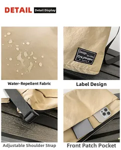 Detail of khaki tote bag showing waterproof fabric, brand label and phone pocket