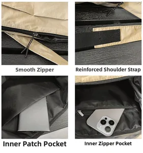 Detail view of smooth zippers, reinforced straps and interior pockets of beige nylon bag