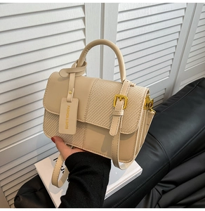 Detail showing the mixed beige texture, stitching, and gold square buckle of the handbag