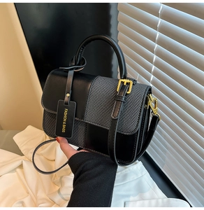 Detailed view of two-tone contrast bag with golden metal hardware and circular handle